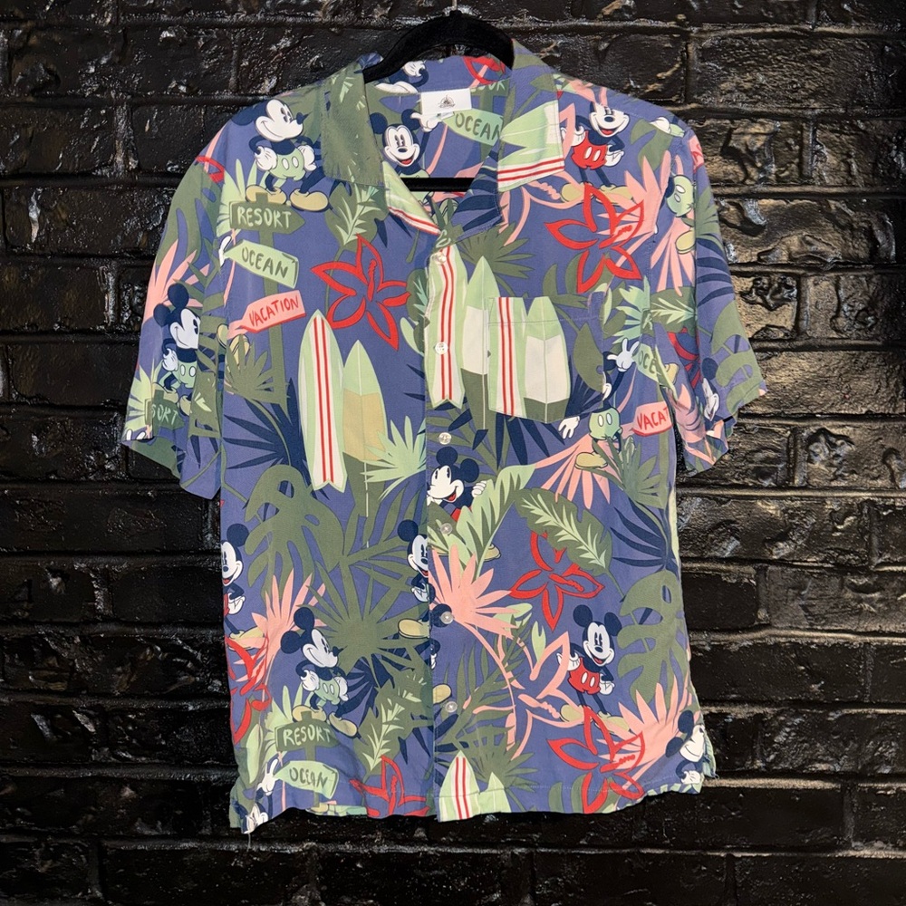 Disney Mickey Mouse Hawaiian Shirt Vacation Resort Surf Floral Mens S Button Up